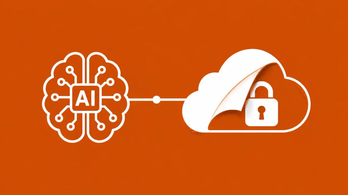 White line art on burnt orange: stylized AI brain connects to an unmasked cloud, symbolizing SSRF attack on cloud metadata.