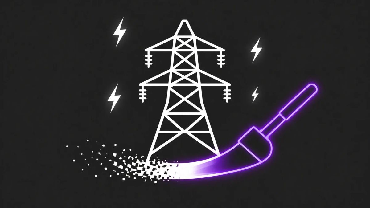 Minimalist flat vector illustration: a white transmission tower icon with a neon purple wiper effect on a charcoal background.