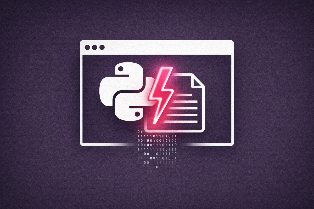 Flat vector art on a purple background. A Python logo and notebook icon inside a browser frame are struck by a neon pink lightning bolt.