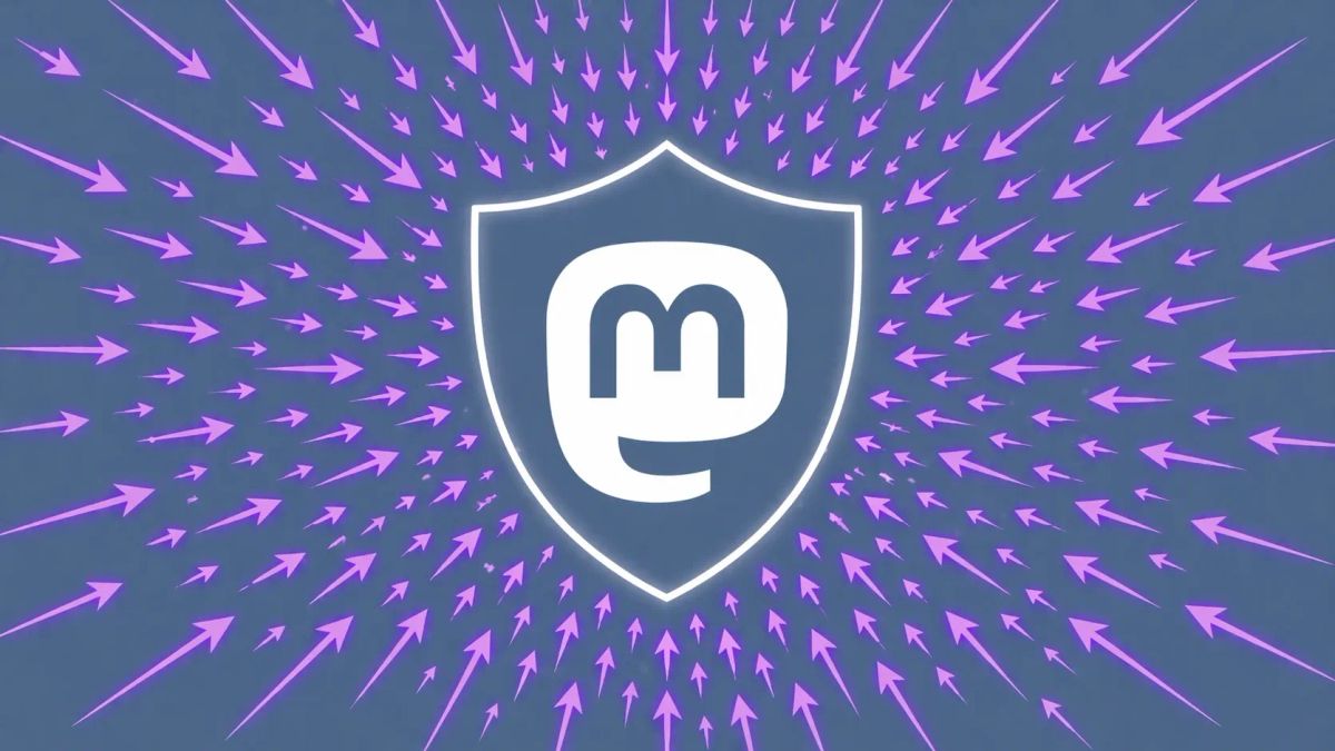 Minimalist flat vector illustration: a white Mastodon tusk icon being swarmed by neon purple arrowheads from all sides on a slate blue background.