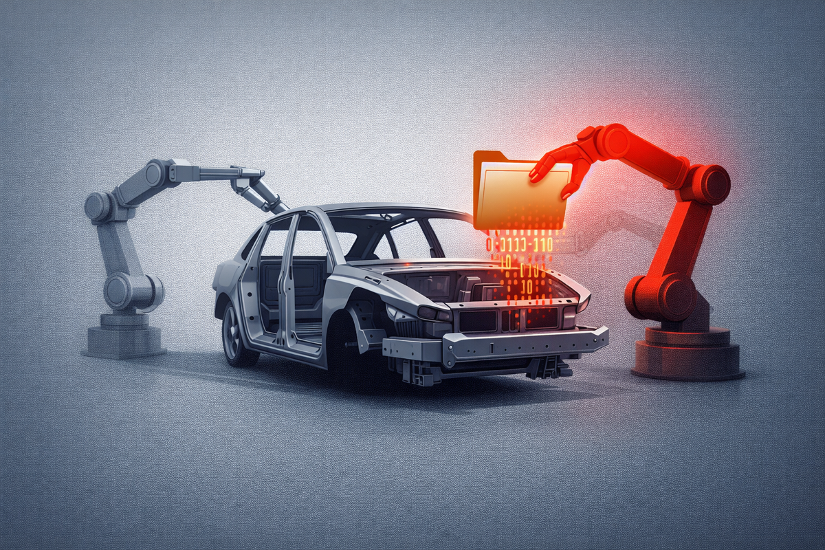 Editorial illustration of an automotive assembly line with a red robotic arm stealing a digital data folder, symbolizing the breach of Mazda's warehouse and partner information systems.