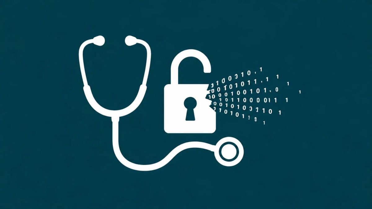 White line art on deep teal: a medical stethoscope icon with a digital "broken link" symbol, representing the PII risk of the Medtronic corporate data breach.