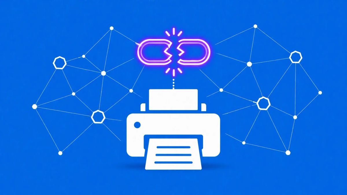 Minimalist flat vector illustration: a white printer icon with a neon purple broken link on a Microsoft Blue background.
