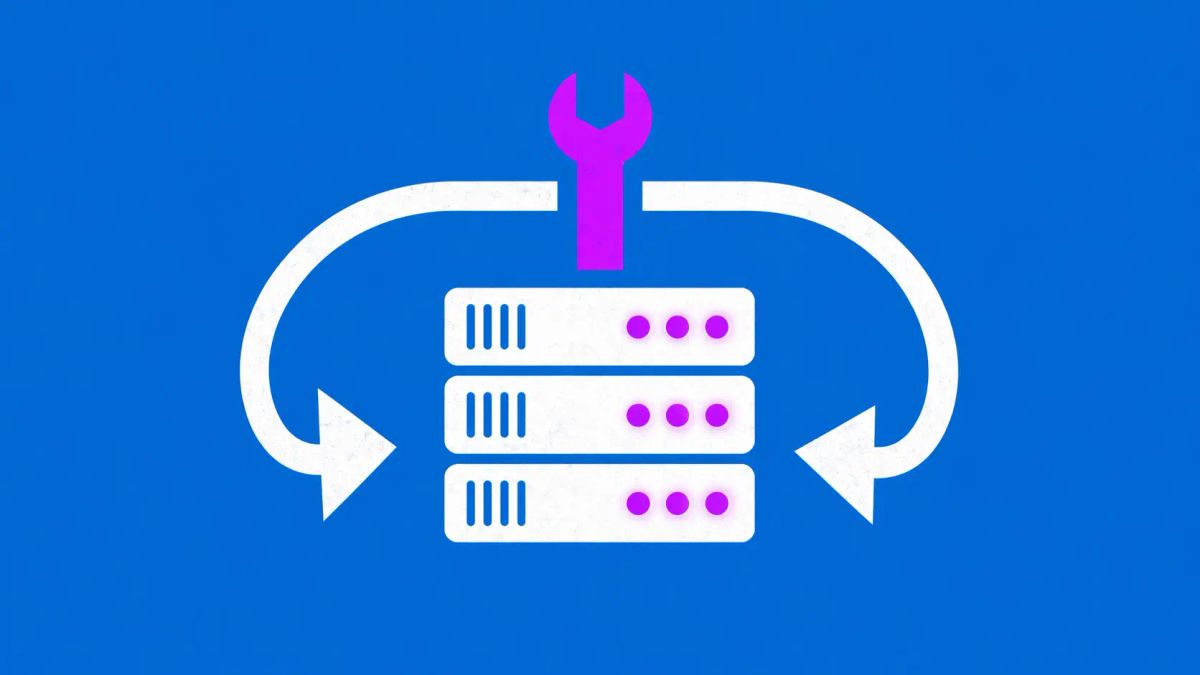 Minimalist vector art of a Windows server rack in an infinite reboot loop being fixed by a purple wrench.