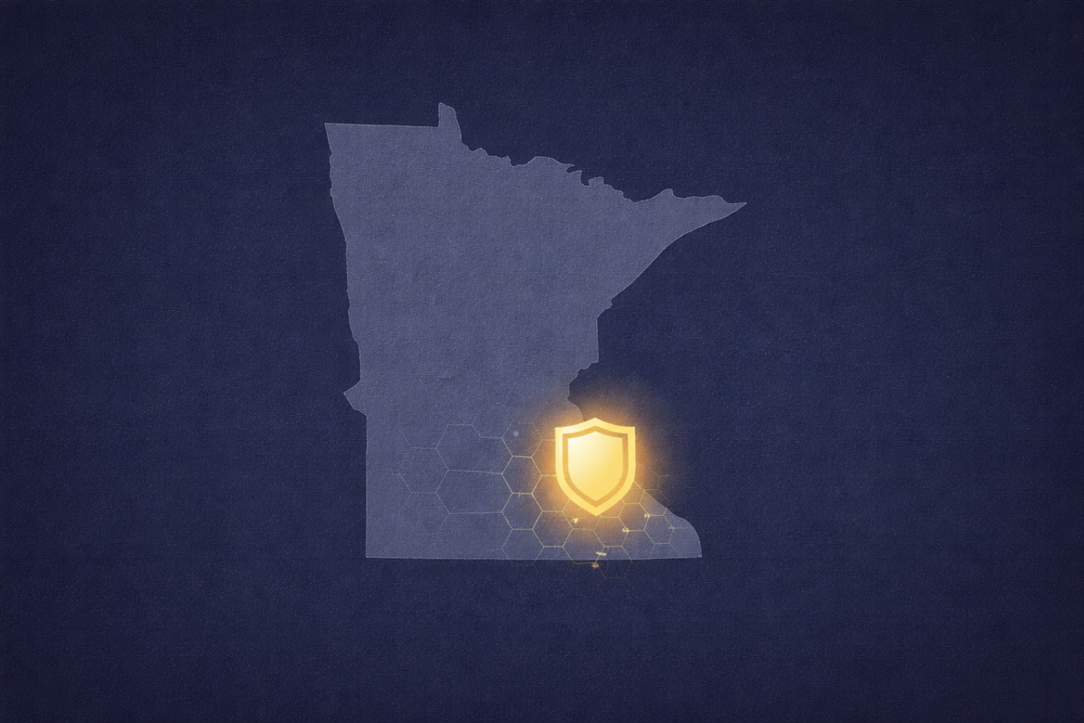 A minimalist editorial illustration of the Minnesota state outline rendered in a grainy texture, with a digital shield icon over Winona County protecting a glowing data network.