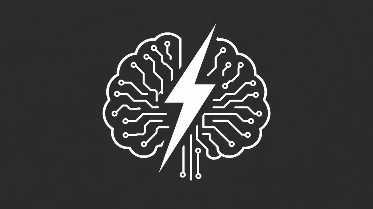 Minimalist white line art of a digital brain silhouette with a white lightning bolt through the center, overlaid on a solid charcoal gray background.