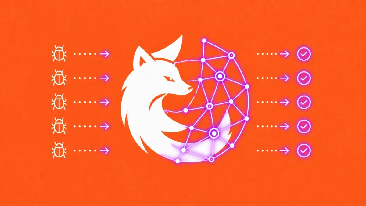 Minimalist flat vector illustration: a white Firefox silhouette with a neon purple digital repair mesh on an orange background.