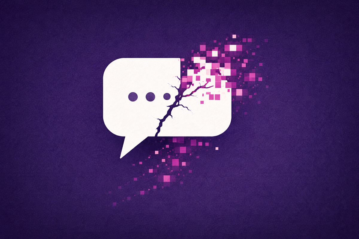 Flat vector illustration on a deep purple background. A white chat bubble is fractured by a jagged digital glitch, with vibrant pink pixels and fragments spilling out from the crack.