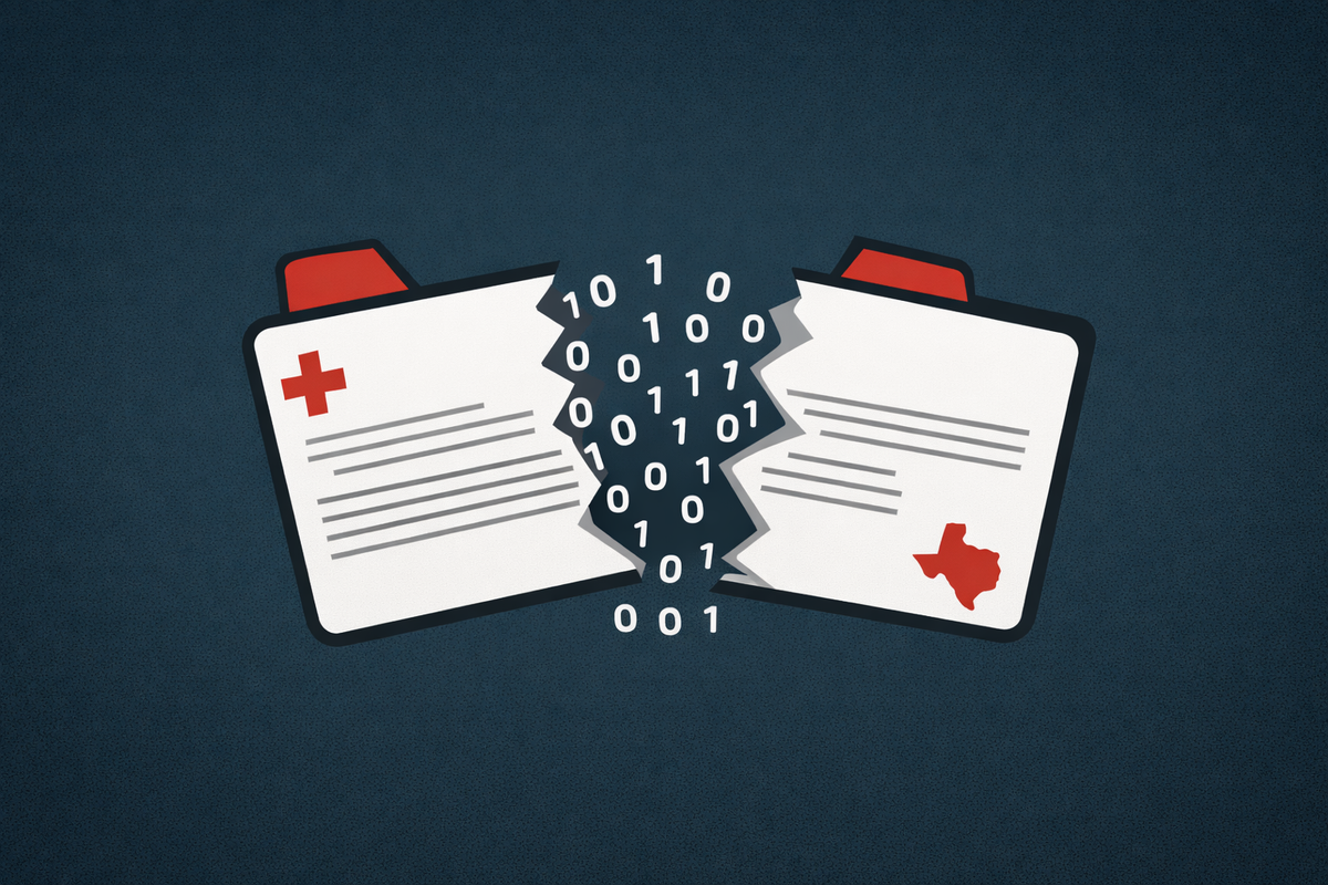 A patient medical file splitting open and leaking binary code, with a Texas map icon, representing the data breach at Nacogdoches Memorial Hospital.