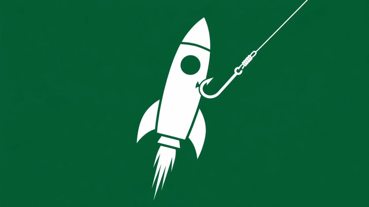 Minimalist white line art of a rocket ship silhouette being "pulled" by a fishing hook, overlaid on a solid forest green background.