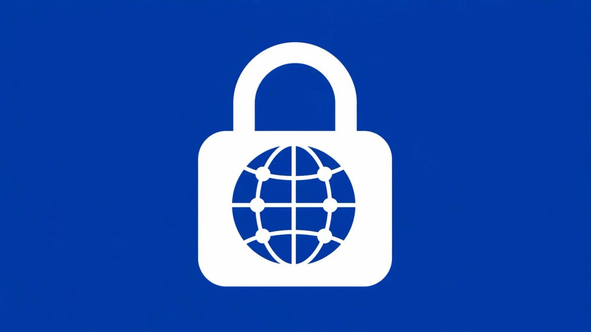 Minimalist white line art of a stylized padlock with a white network globe inside, overlaid on a solid cobalt blue background.