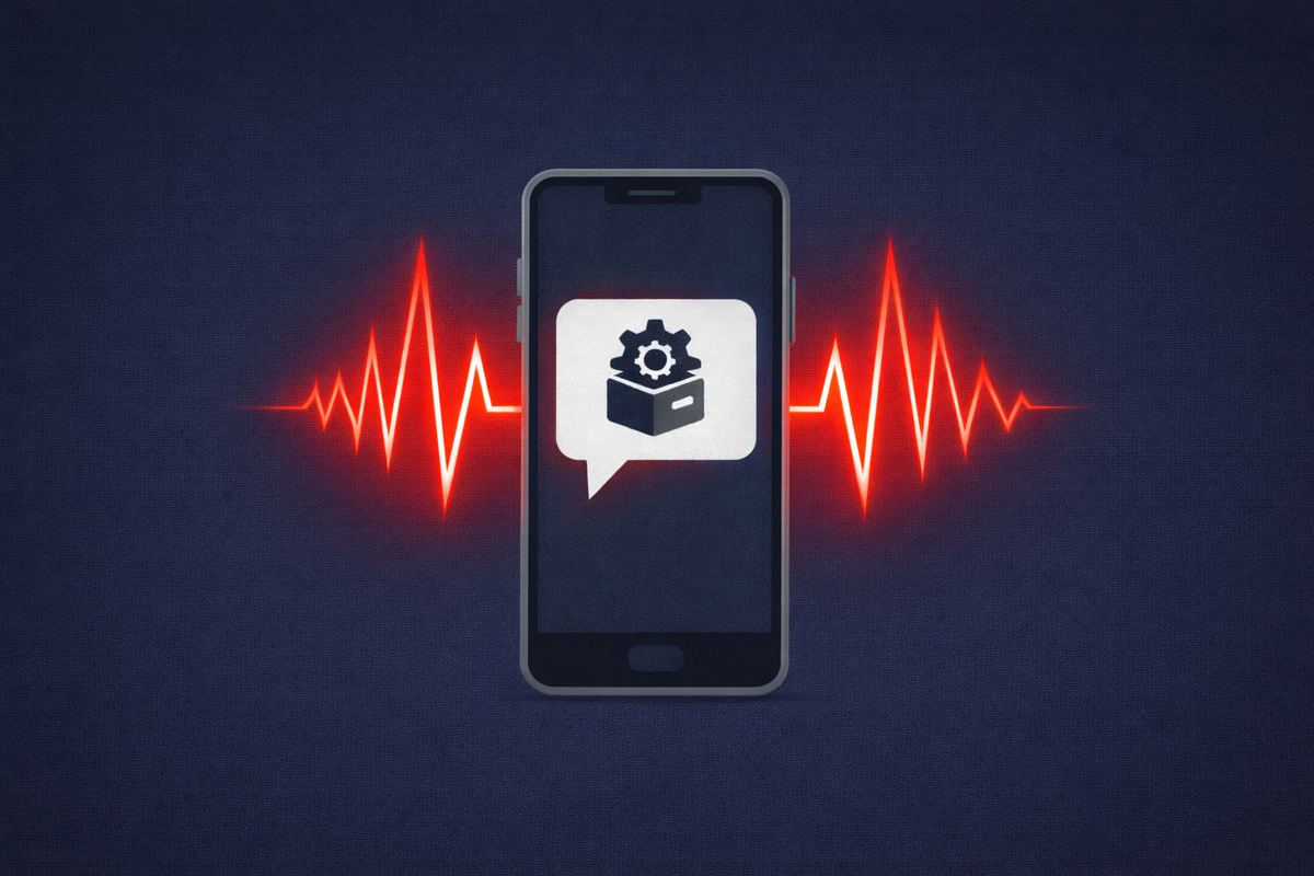 A smartphone displays a malicious file icon in a chat bubble, symbolizing the NCSC warning on state-linked malware targeting messaging apps.