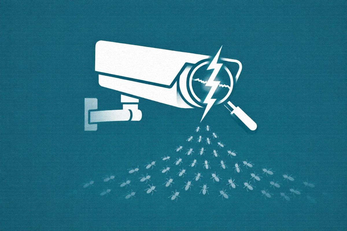 Minimalist vector art of a surveillance camera with malware passing through the lens on a teal background, representing the Nexcorium IoT botnet.