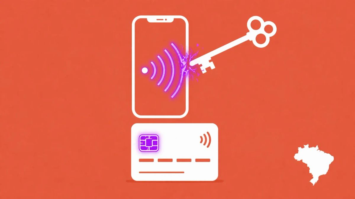 Minimalist vector art of an NFC signal being intercepted from a smartphone on a terracotta orange background.