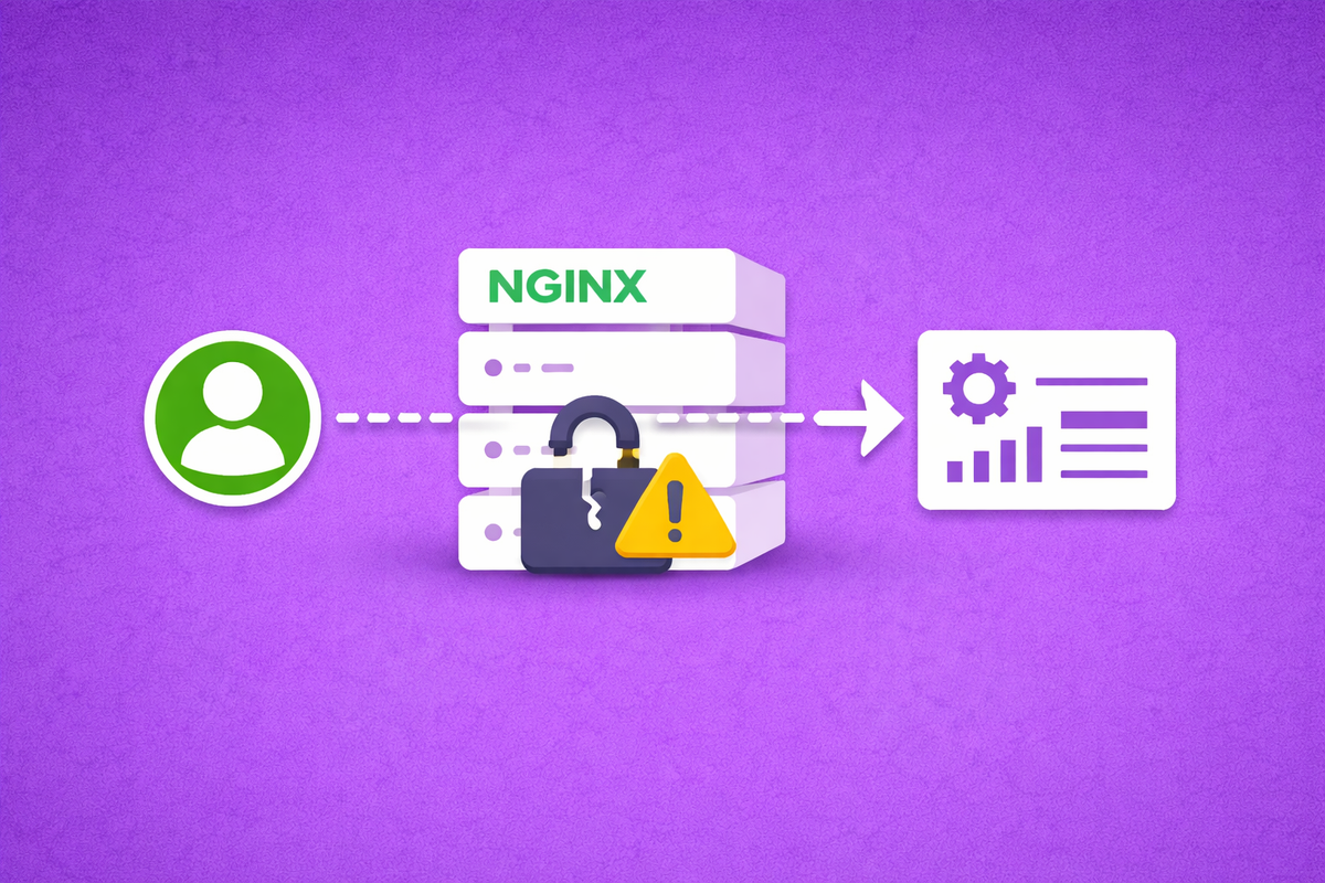 Minimalist vector art of an Nginx server bypass on a crimson background, symbolizing the CVE-2026-33032 vulnerability.