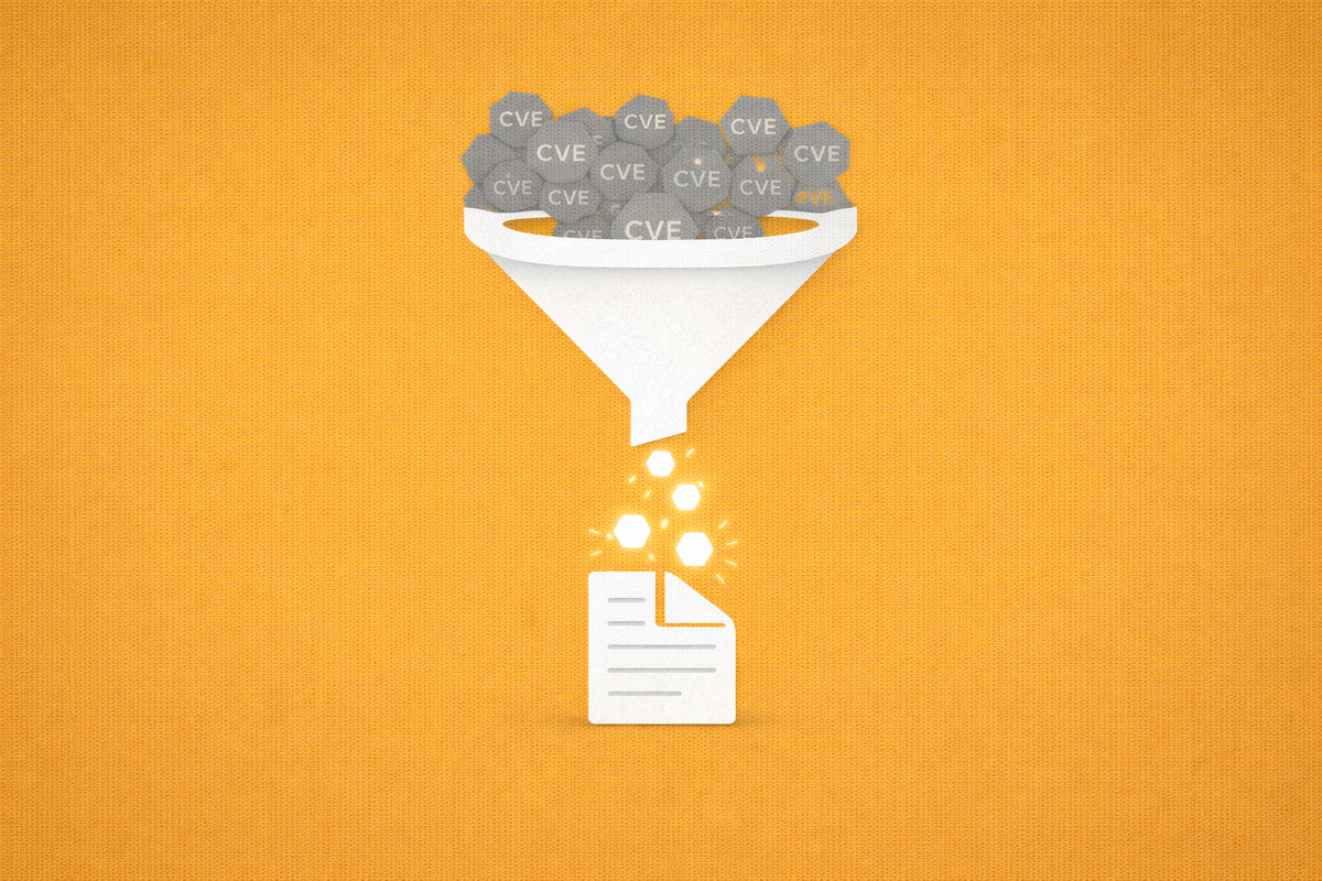 Minimalist vector art of a data funnel prioritizing CVE hexagons on a gold background, representing NIST's NVD overhaul.