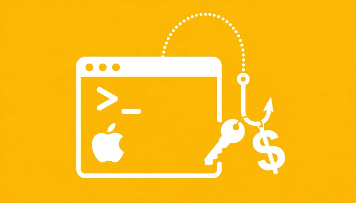 White line art on golden yellow: a cloud icon merged with a fortress wall, symbolizing tactical hardening and active defense of macOS infrastructure against nation-state scripting attacks.