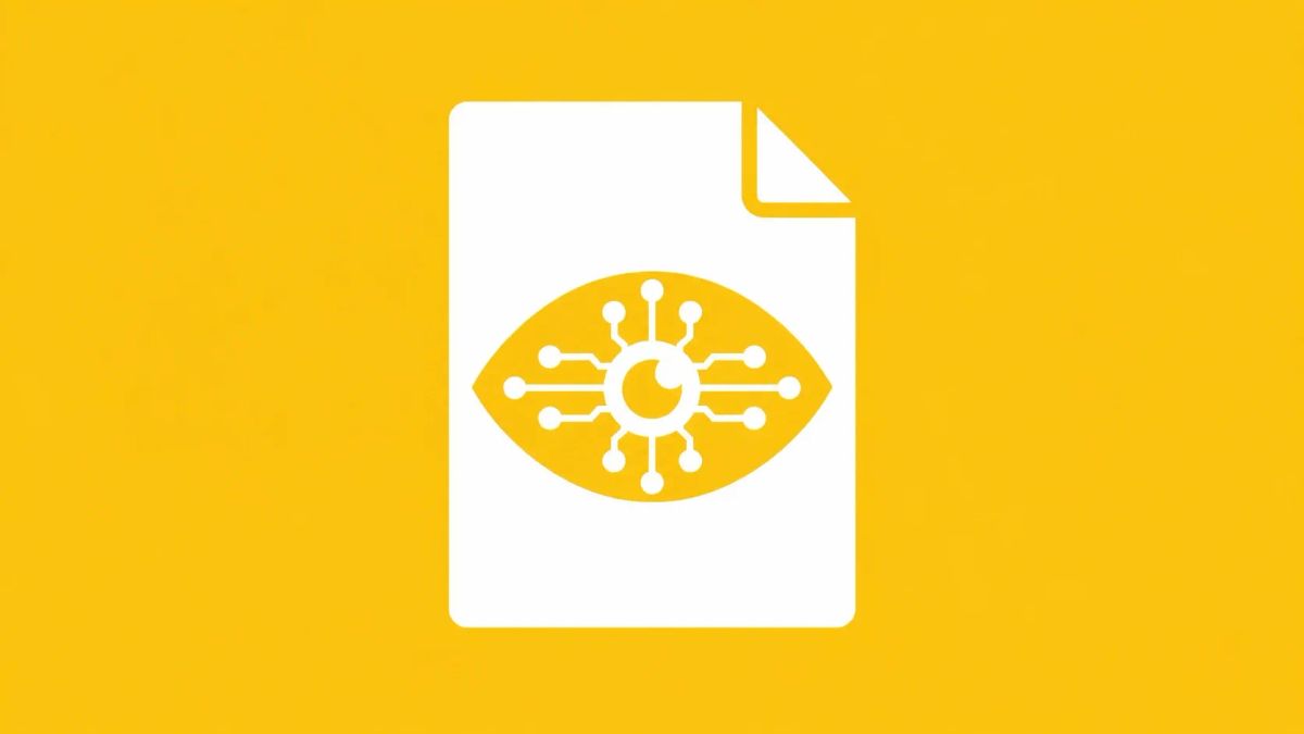 Minimalist white line art of a stylized document silhouette with a digital eye icon centered inside, overlaid on a solid Deep Yello background.