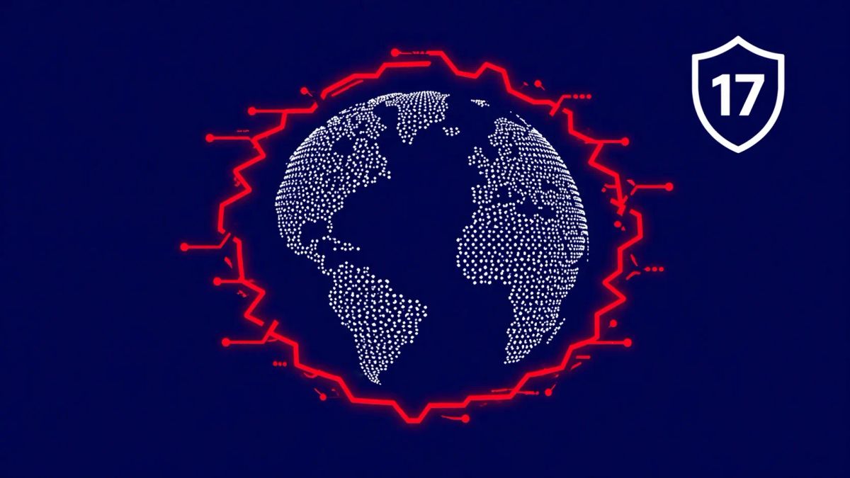 A minimalist white line art globe composed of thousands of tiny white dots being encircled by a glowing neon red circuit path on a solid midnight navy background.