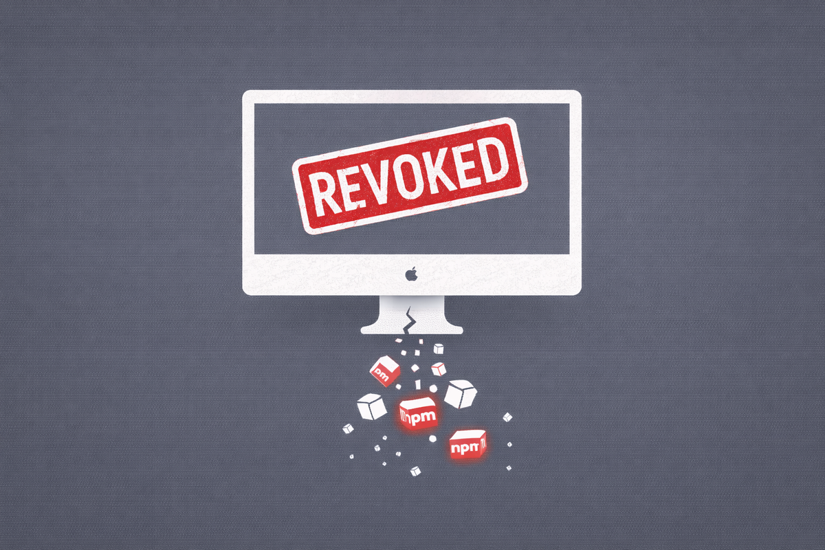 Minimalist vector art of a Mac monitor with a red "Revoked" stamp, representing OpenAI's emergency certificate rotation.