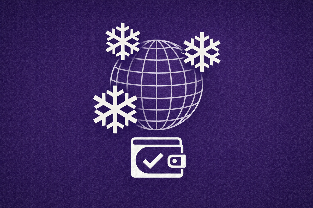 Minimalist vector art on a purple background. A wireframe globe is surrounded by ice crystals, signifying frozen assets in a crypto fraud case.