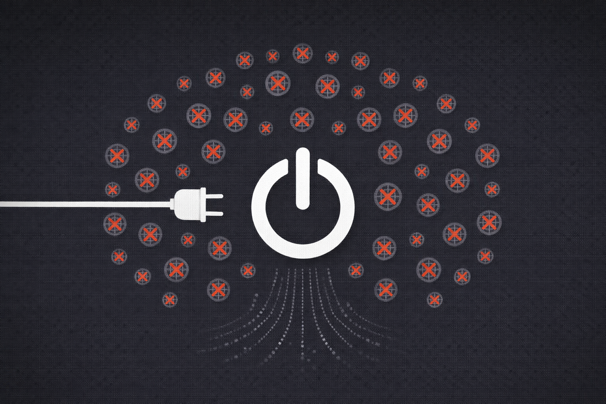 Minimalist vector art of an unplugged power button and seized domains on a dark background, representing Operation PowerOFF.