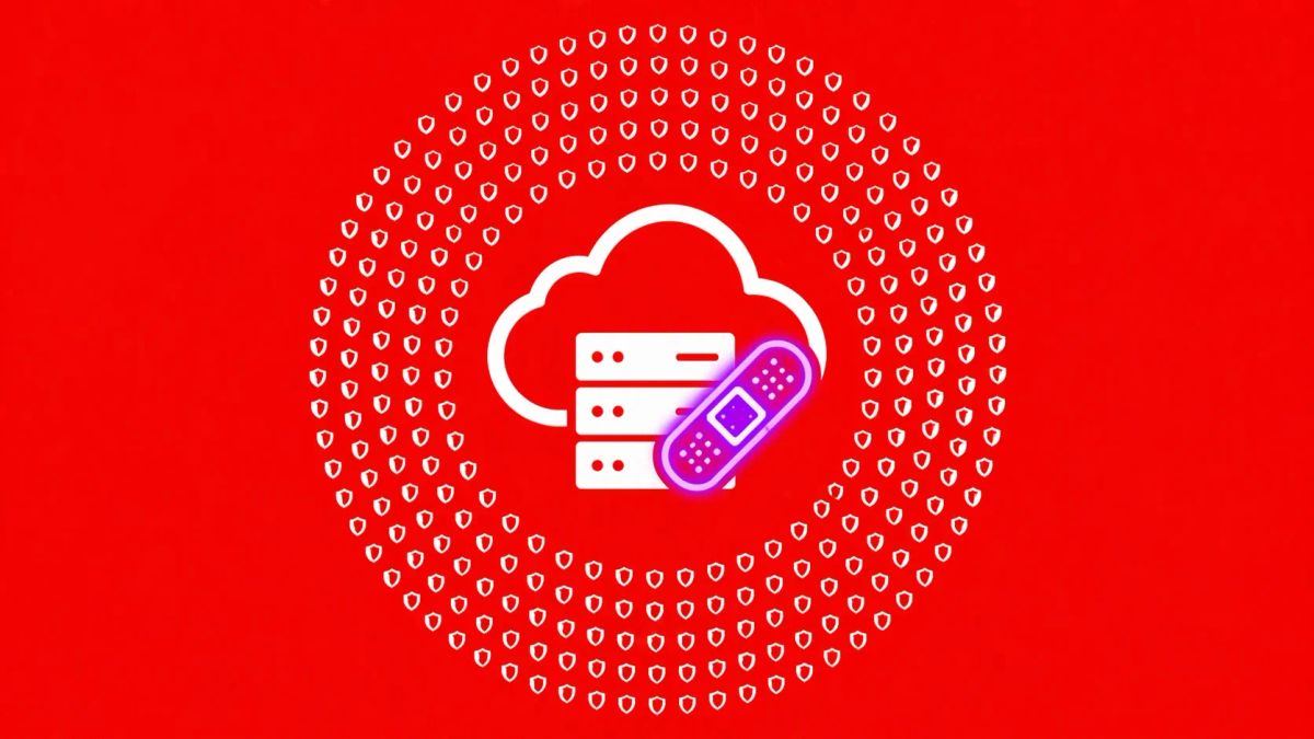 Minimalist flat vector illustration: a white cloud server icon surrounded by 450 tiny white shields on a red background with a purple patch icon.