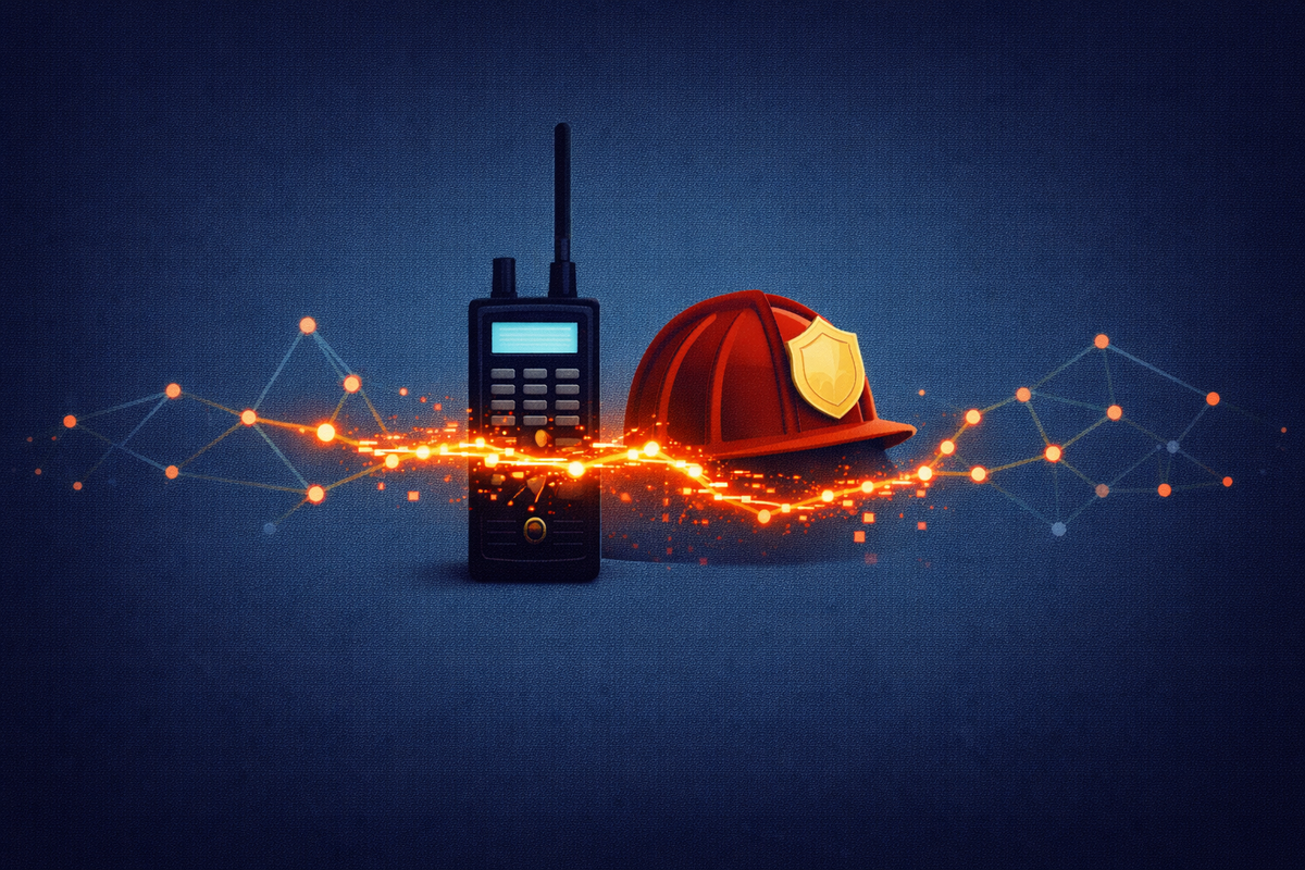 A police radio and fire helmet with an orange digital glitch interrupting a regional network map, symbolizing the cyberattack on Pepperell public safety systems.