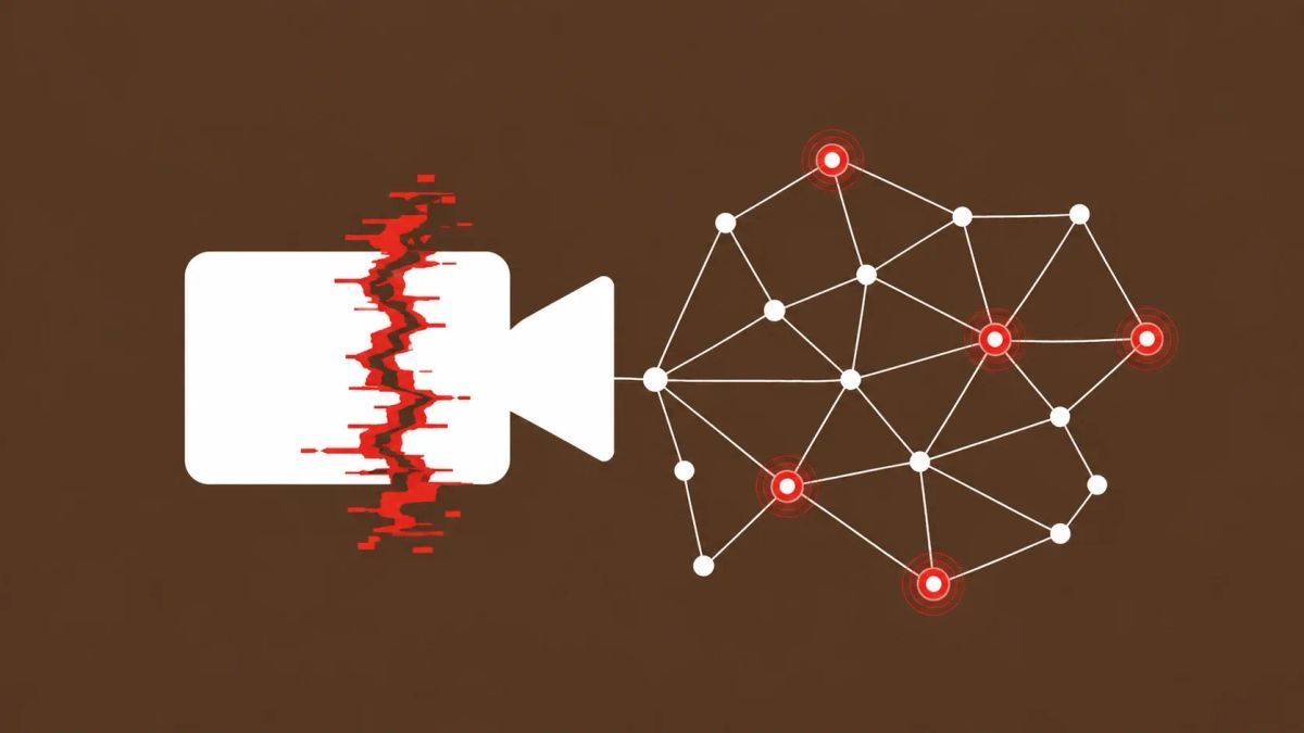 Minimalist vector on solid brown: A white video camera icon with a red "hacker" skull overlaid, representing collaboration software exploitation.