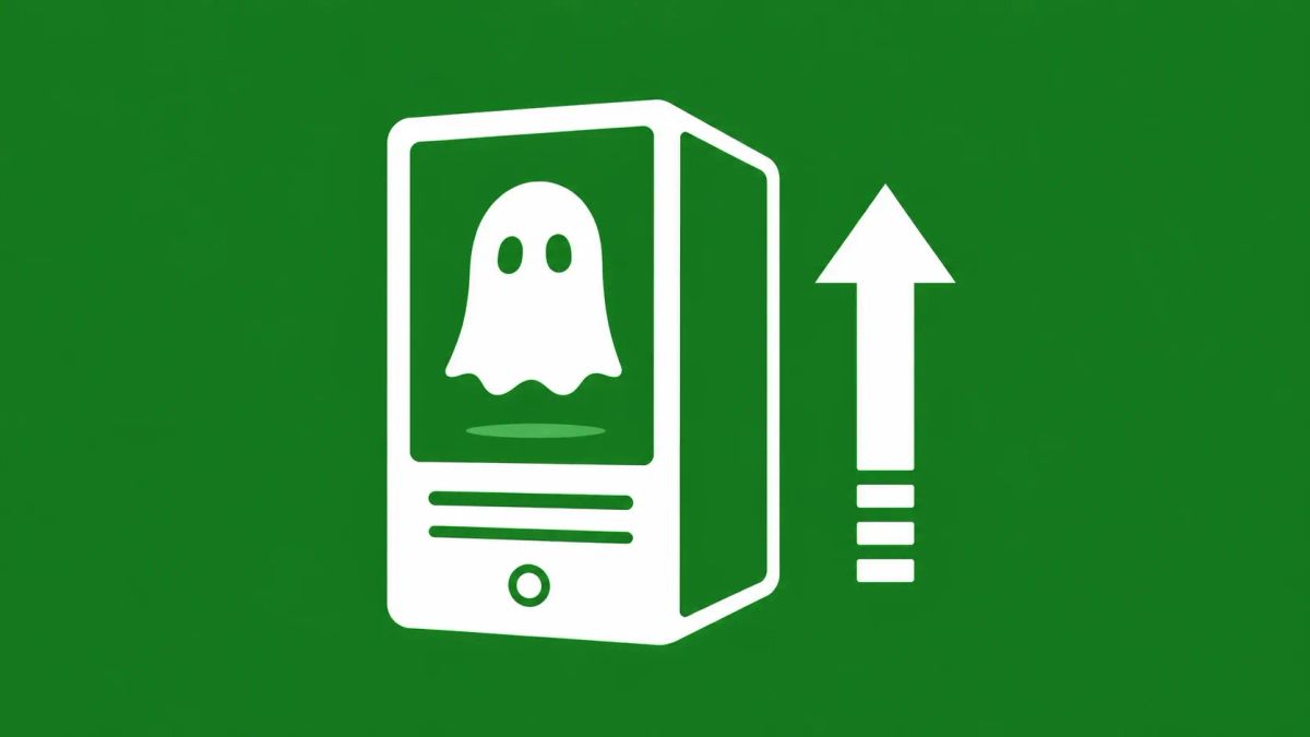 Minimalist white line art on a forest green background showing a stylized computer tower with a ghost icon and an upward-pointing arrow, symbolizing the PhantomRPC privilege escalation.