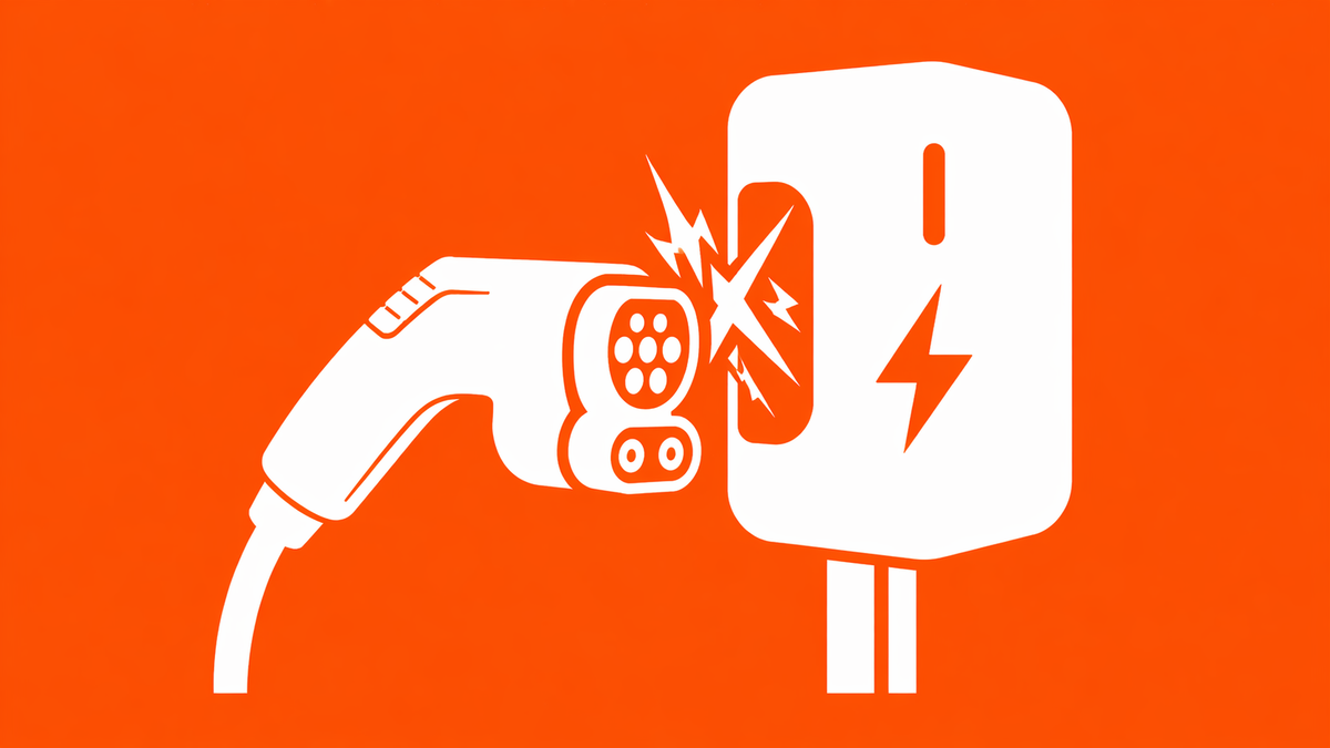 Minimalist white line art of an EV charging plug with a "warning" icon flashing on the handle, overlaid on a solid Safety Orange background.