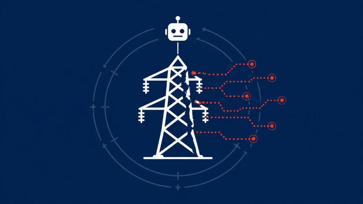 Cracked power grid tower with red attack lines spreading outward and AI icon above, representing rising Russian cyberattacks on Poland and AI-driven threat escalation.