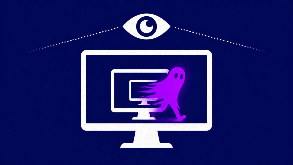 Minimalist vector art showing a nested monitor setup with a purple phantom silhouette evading a security eye icon.