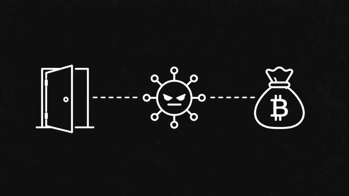 Minimalist white line art diagram of a 3-step pipeline: an open door leading to a virus icon leading to a bag of money, on a solid charcoal obsidian background.
