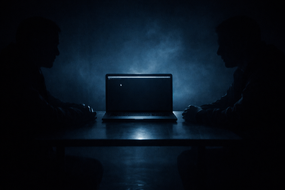 A cybersecurity professional conducting a ransomware negotiation,  representing the emergence of professional hacker negotiators  in enterprise incident response.