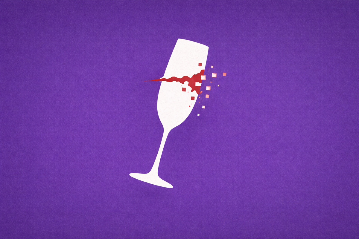 Minimalist vector art of a champagne glass with a digital glitch, representing the RCI Hospitality cyberattack.