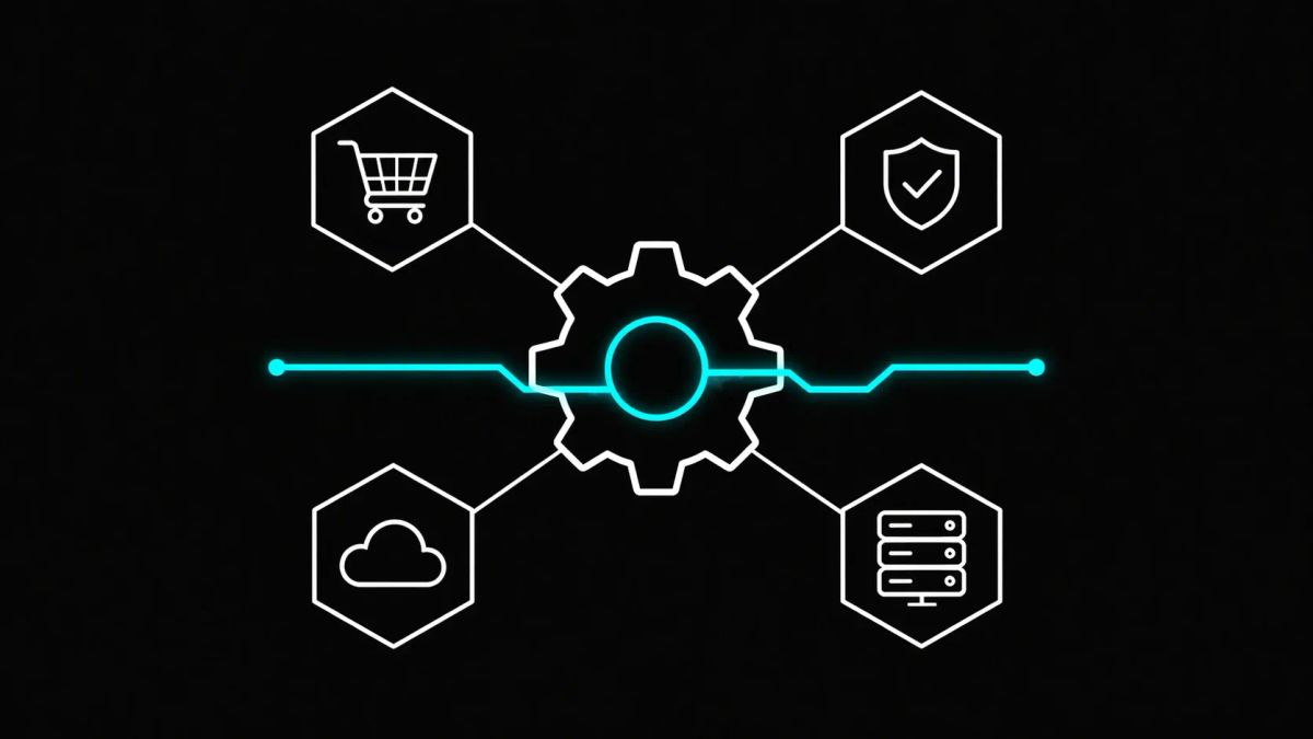 A minimalist white line art diagram showing multiple hexagonal icons being connected by a central AI gear on a solid charcoal obsidian background.