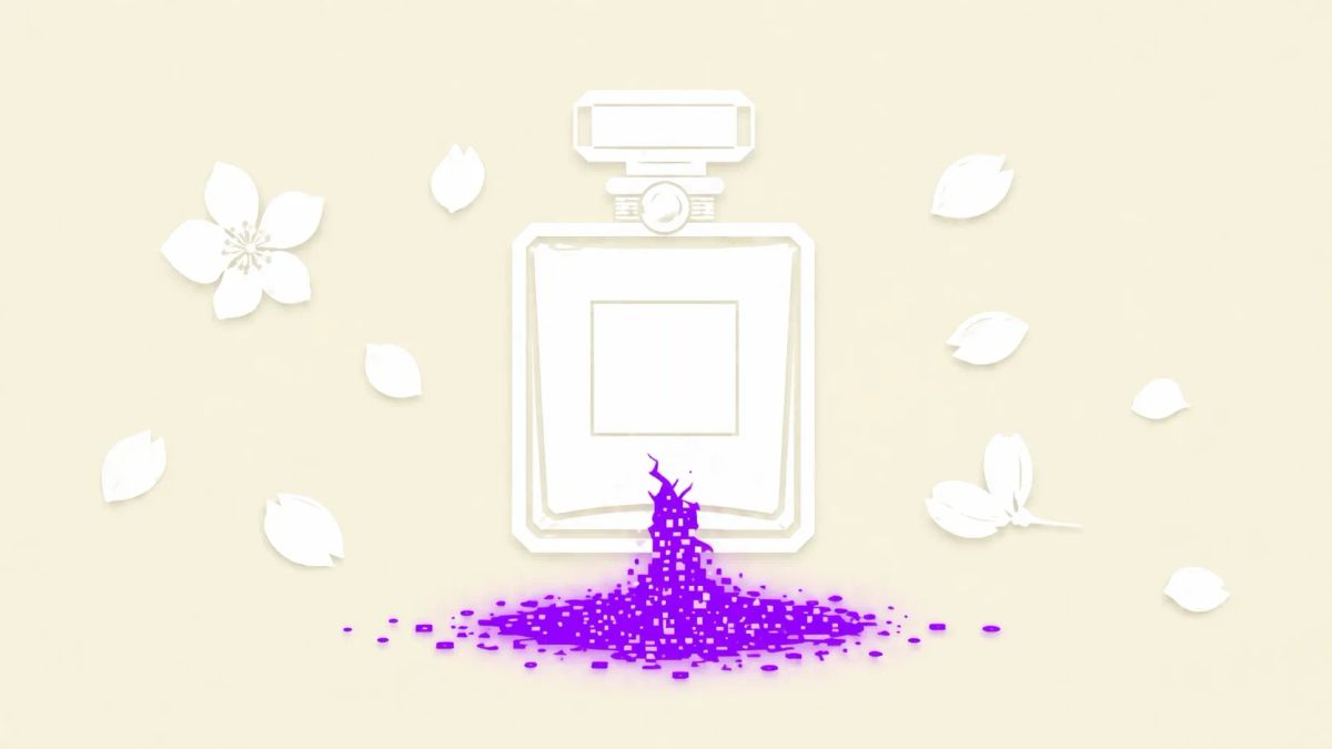 Minimalist flat vector illustration: a white perfume bottle icon with a neon purple data leak on a sand-colored background.