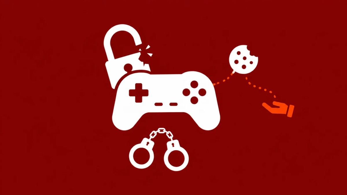 Game controller with broken padlock and cookie token draining to a hand icon, plus handcuffs below, representing the Roblox session hijacking scheme and three Ukrainian arrests.