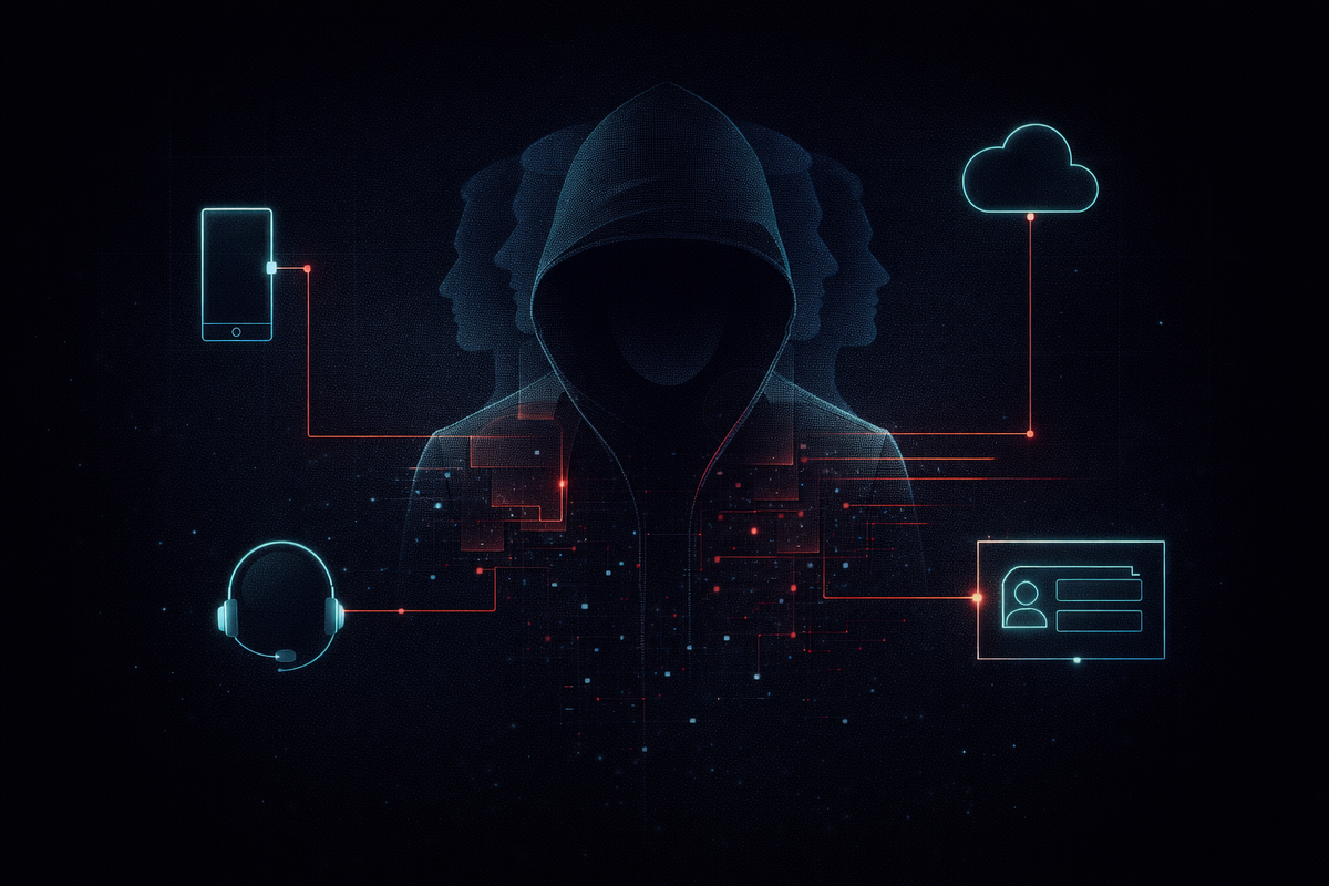 Hooded figure formed from overlapping identities connected to systems, representing identity manipulation and social engineering attacks.