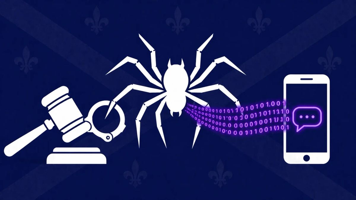 Minimalist flat vector illustration: a white spider icon with one leg caught in a gavel, with neon purple binary code flowing to a smartphone on a deep navy background.