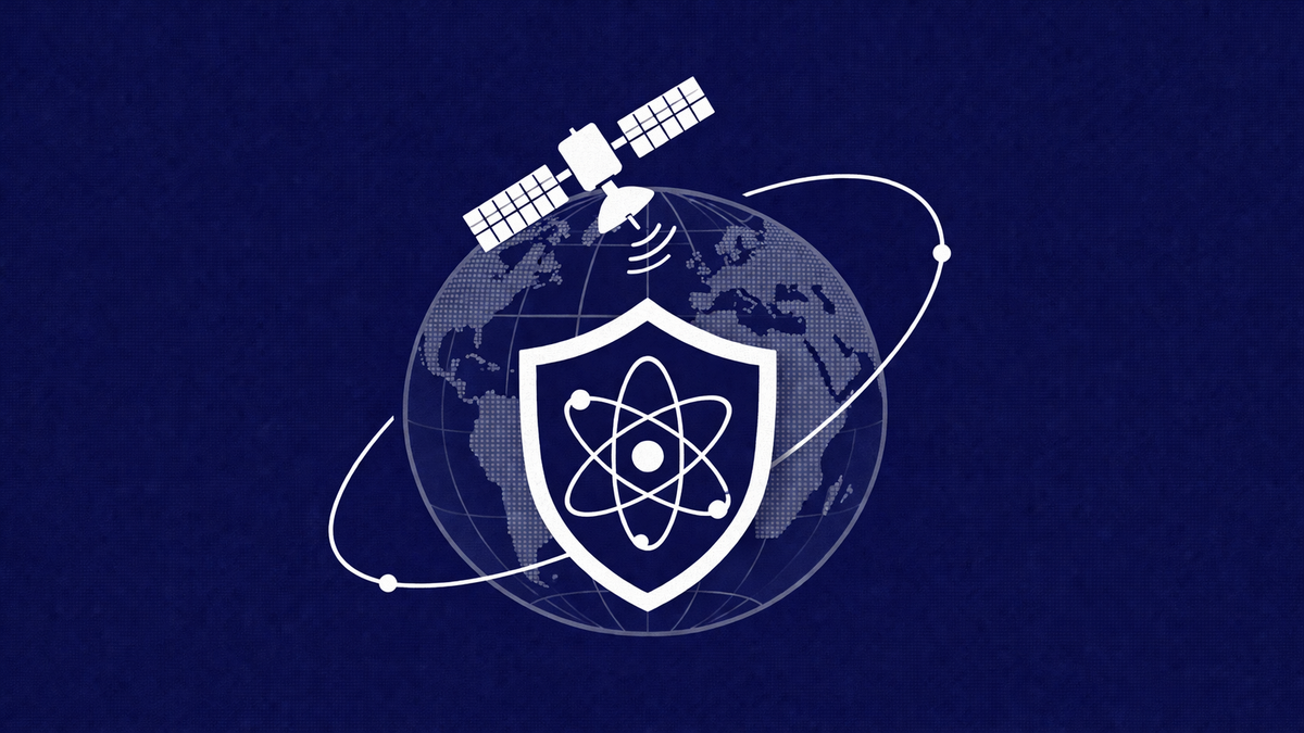 Minimalist vector art of a satellite and quantum shield on a midnight blue background, representing new Senate cybersecurity legislation.
