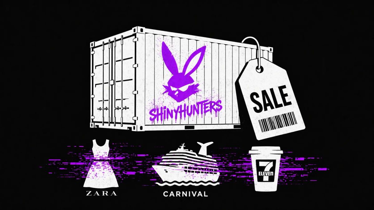 Minimalist vector art of a shipping container with a purple ShinyHunters logo on a dark background, representing a global retail breach.