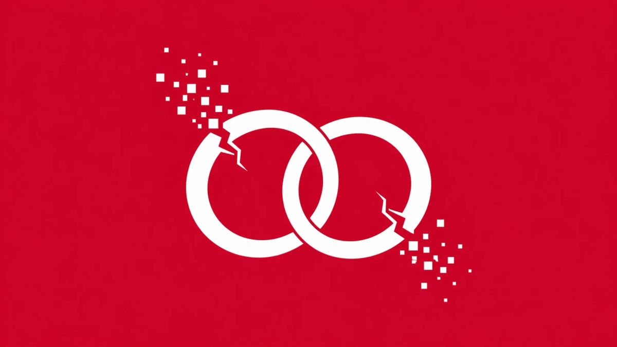 Minimalist white line art showing two intertwined rings cracked in half on a solid crimson background, representing the breach of a major matchmaking service's private data.