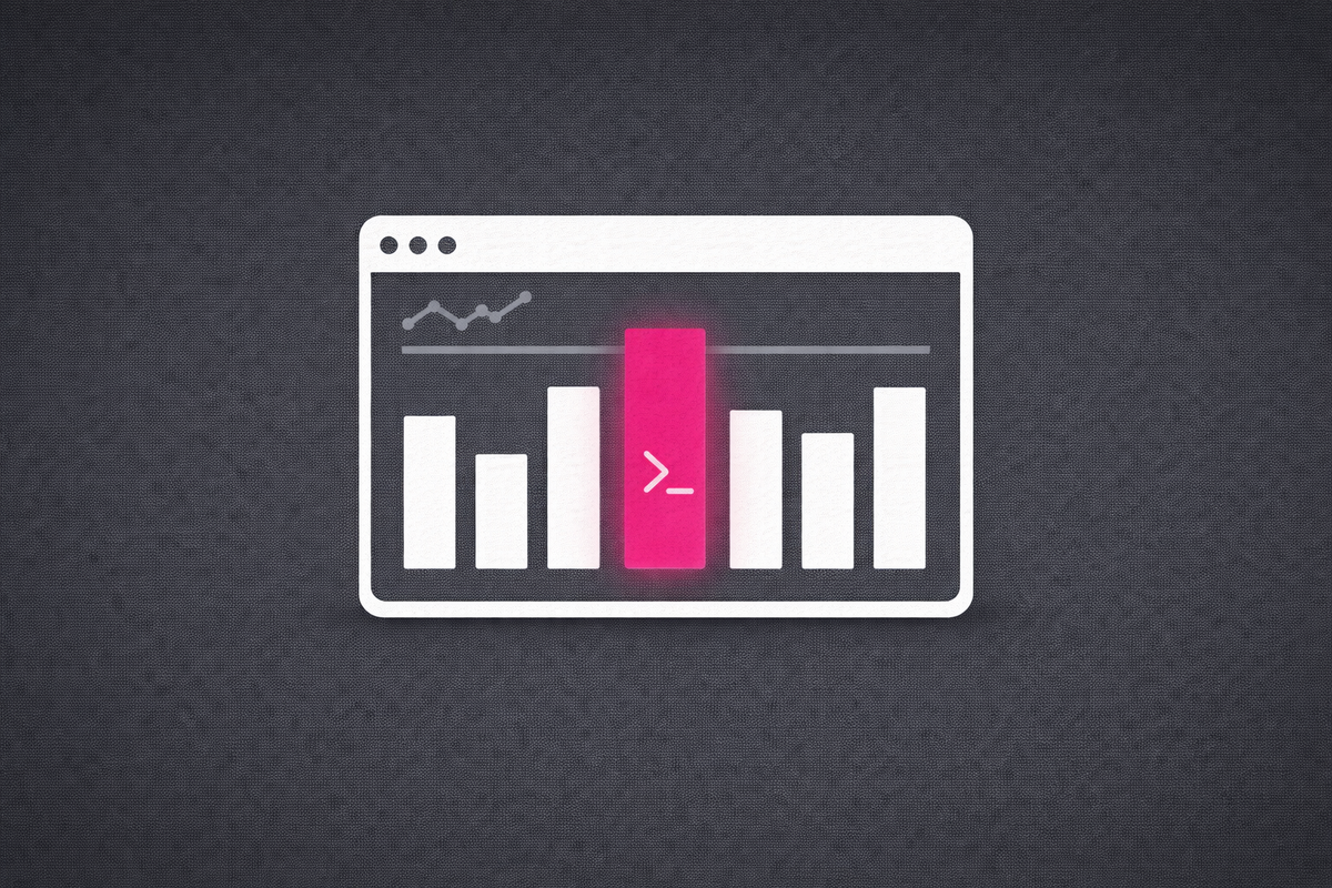 Minimalist vector art of a data dashboard with a pink command prompt injection, symbolizing the Splunk RCE patch.