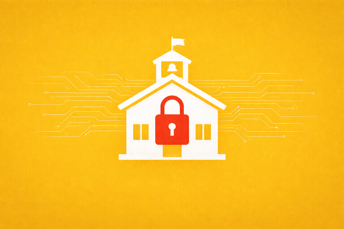 Minimalist vector art of a white schoolhouse with a red padlock on a yellow background, representing the ransomware attack on Spring Lake Park Schools.