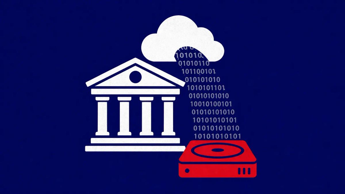Minimalist vector art of a bank building and a leaking data cloud on a navy blue background, representing the Standard Bank breach.