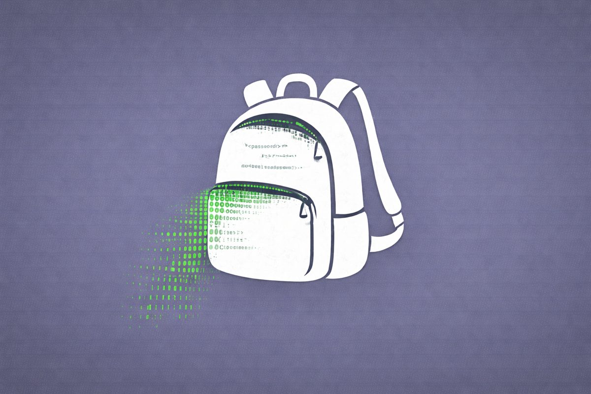 White backpack on slate gray background with green code streaming from zippers, representing student data breach and academic cybersecurity risk.