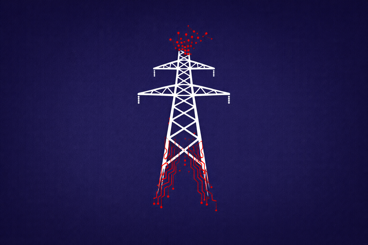 Minimalist vector art of a power pylon with red circuit lines, representing a cyberattack on Swedish critical infrastructure.