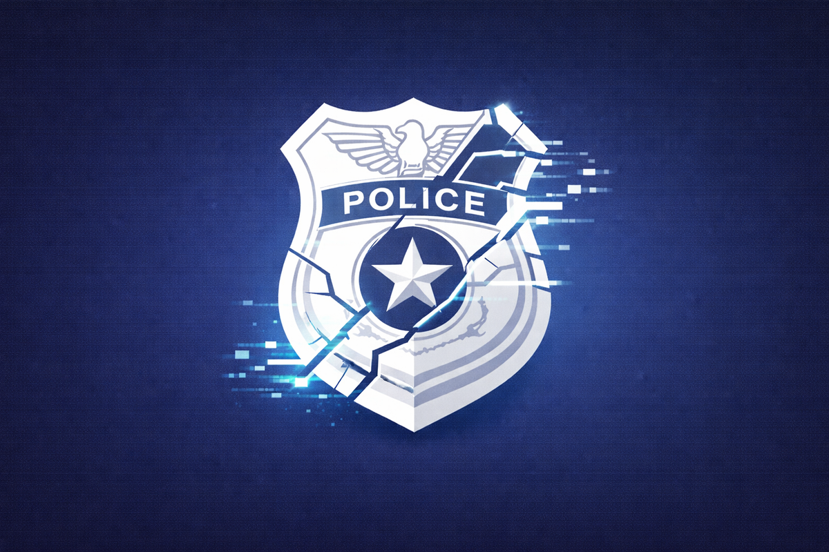 A stylized white police shield on a blue background, heavily fractured and disintegrating into digital pixel blocks, symbolizing the Syracuse Police Department data breach.